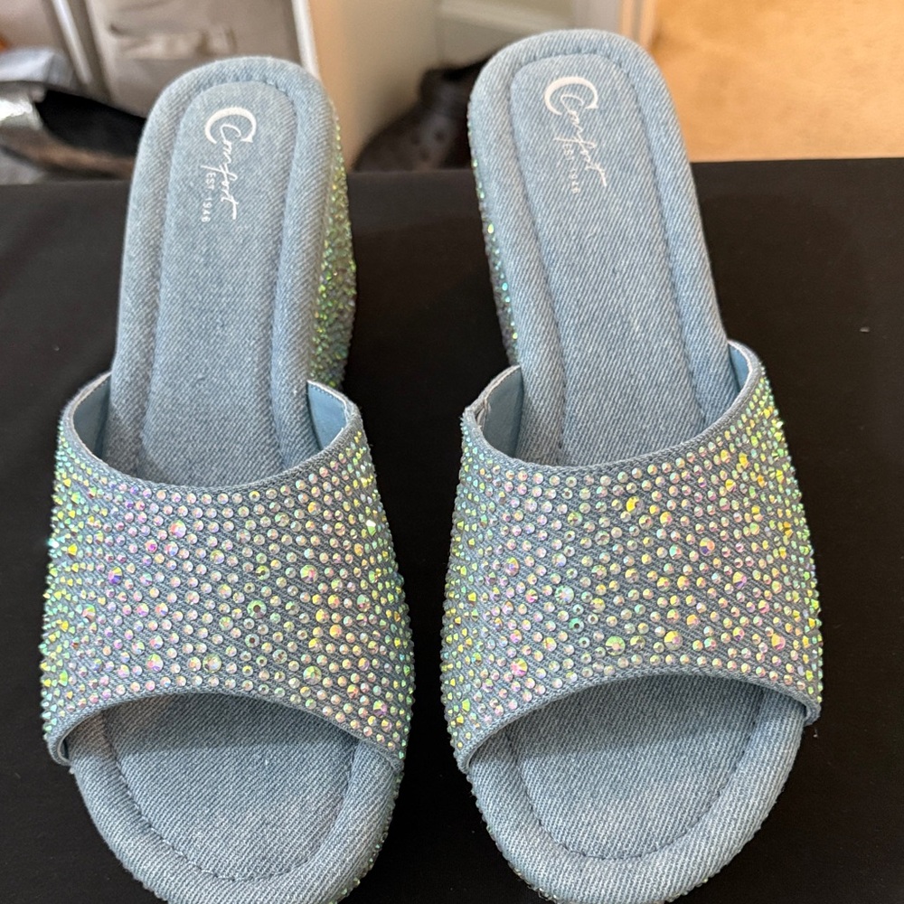 comfort plus by Predictions Denim Blue Jeweled Slide Sandals